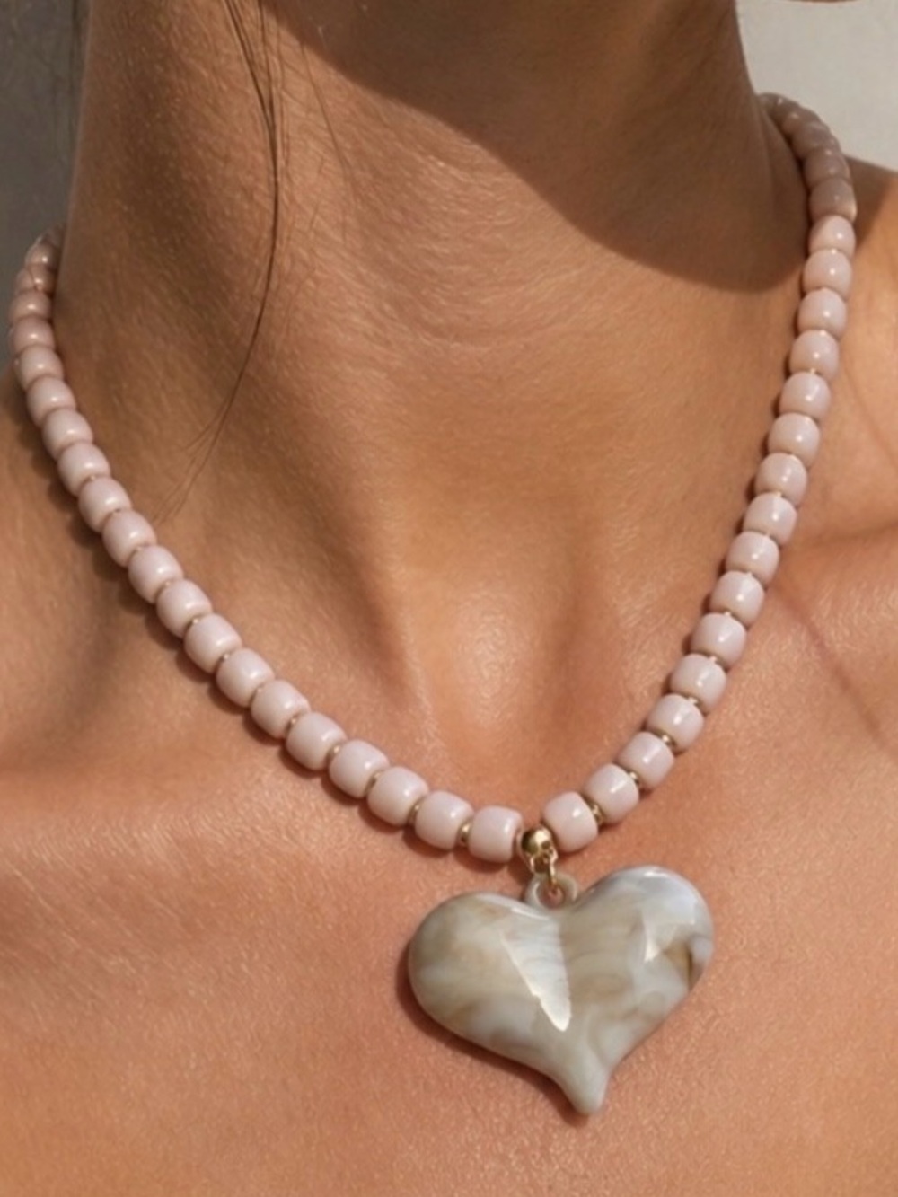 Beaded Blush Pink Heart Pendant Necklace